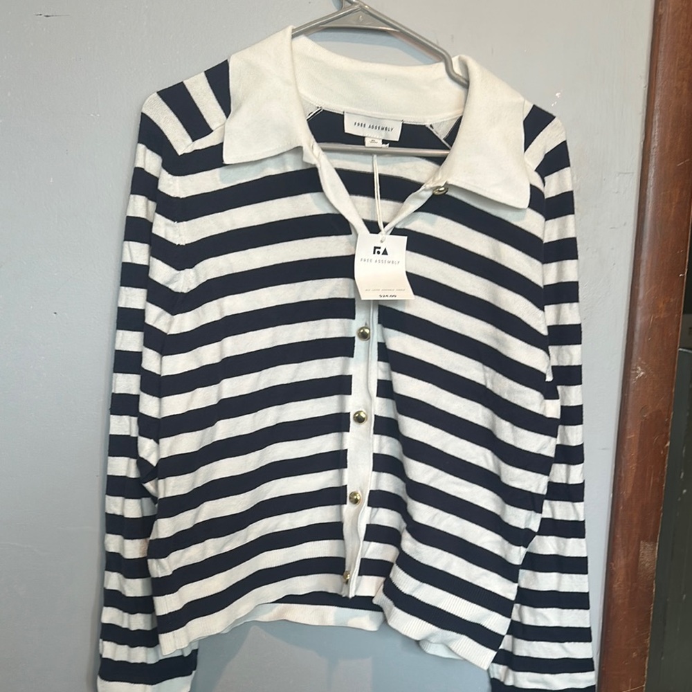 Navy and White Striped Button-Up Cardigan